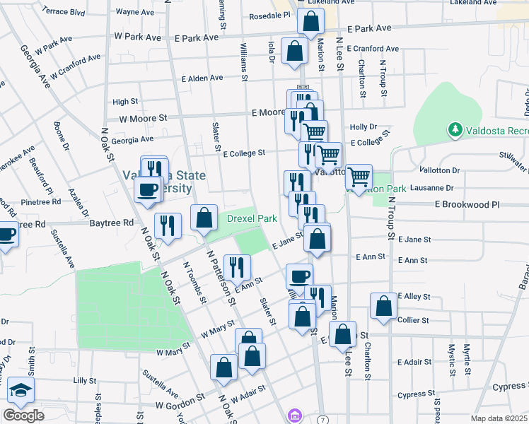 map of restaurants, bars, coffee shops, grocery stores, and more near 1407 Williams Street in Valdosta
