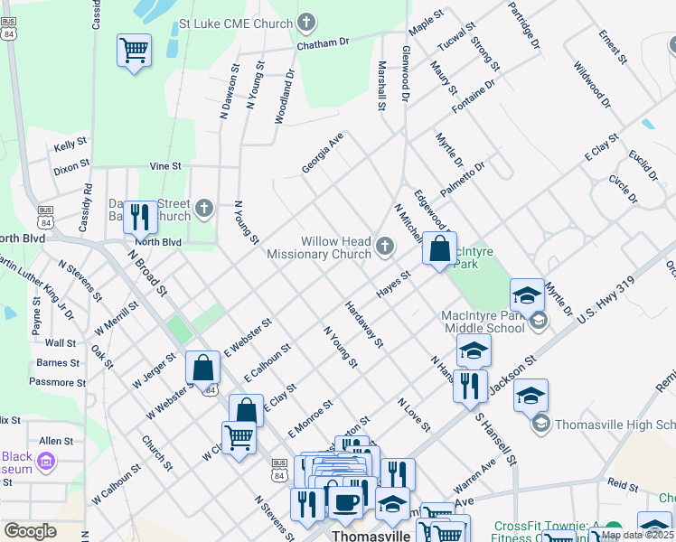 map of restaurants, bars, coffee shops, grocery stores, and more near 506 East Webster Street in Thomasville