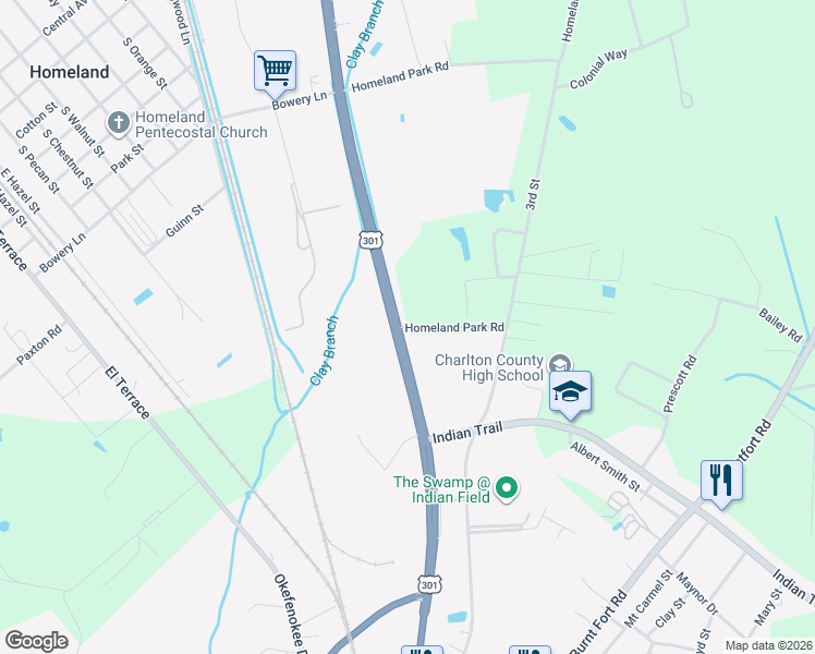 map of restaurants, bars, coffee shops, grocery stores, and more near 3010 Homeland Park Road in Folkston