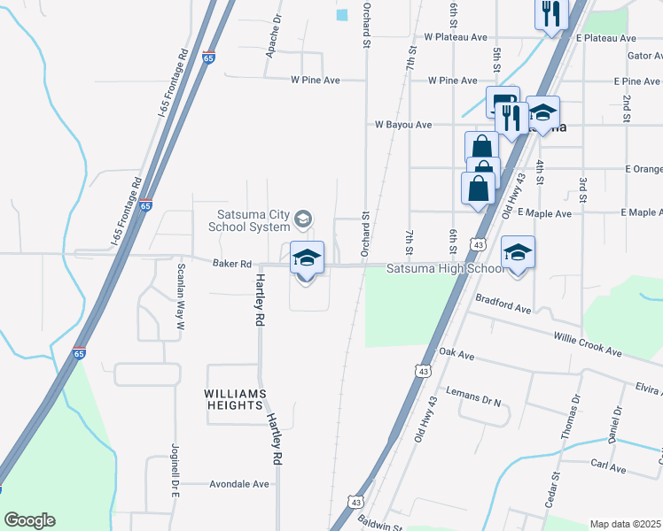 map of restaurants, bars, coffee shops, grocery stores, and more near 220 Baker Road in Satsuma