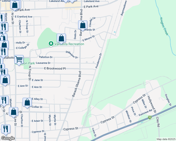 map of restaurants, bars, coffee shops, grocery stores, and more near 909 East Brookwood Place in Valdosta