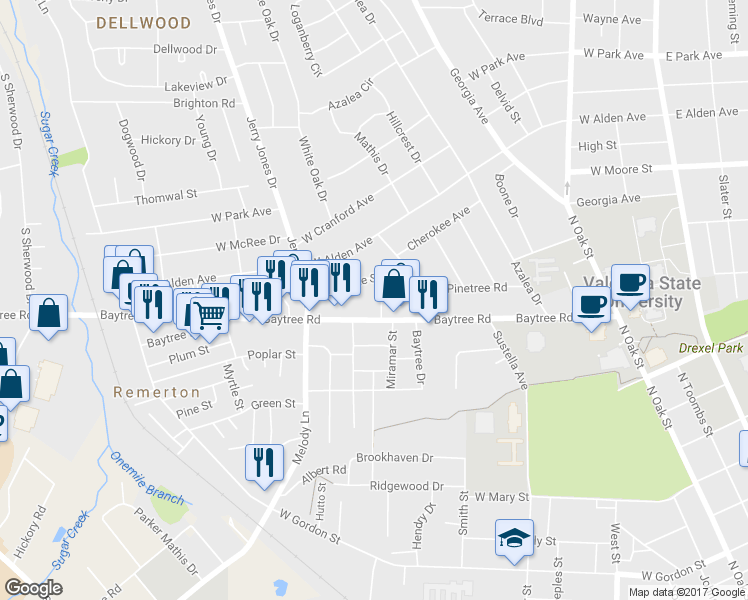map of restaurants, bars, coffee shops, grocery stores, and more near 1508 Miramar Street in Valdosta