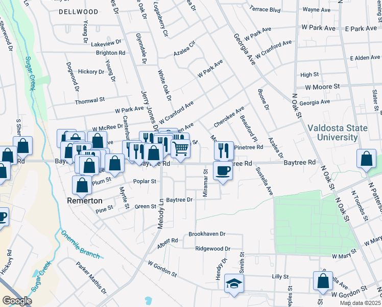 map of restaurants, bars, coffee shops, grocery stores, and more near 1508 Miramar Street in Valdosta