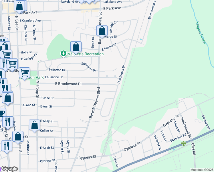 map of restaurants, bars, coffee shops, grocery stores, and more near 909 East Brookwood Place in Valdosta
