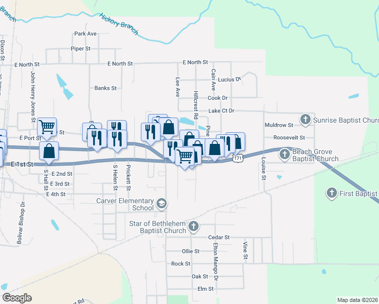 map of restaurants, bars, coffee shops, grocery stores, and more near 806 Wisteria Drive in DeRidder
