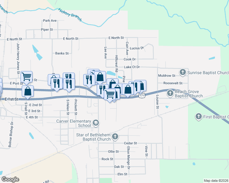 map of restaurants, bars, coffee shops, grocery stores, and more near 806 Wisteria Drive in DeRidder