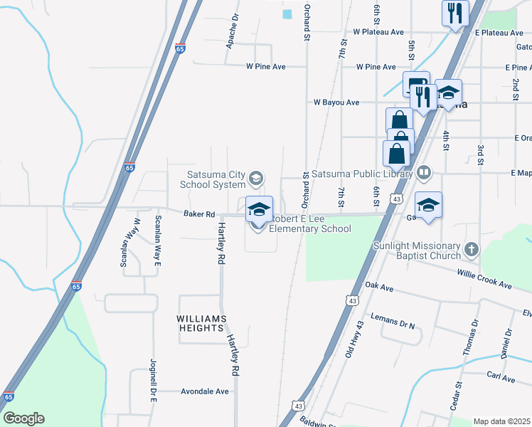 map of restaurants, bars, coffee shops, grocery stores, and more near 220 Baker Road in Satsuma