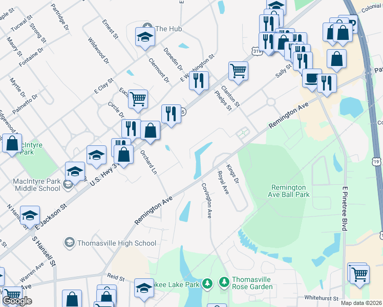 map of restaurants, bars, coffee shops, grocery stores, and more near 325 Summercreek Cove in Thomasville