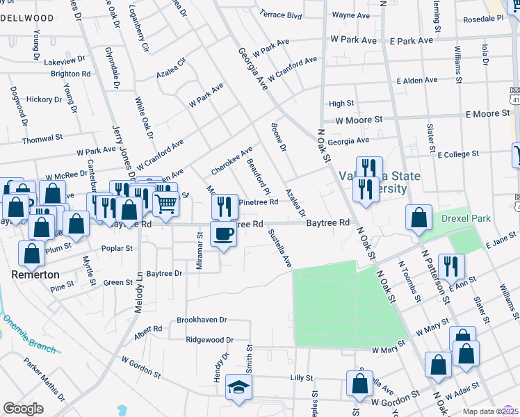 map of restaurants, bars, coffee shops, grocery stores, and more near 507 Pinetree Road in Valdosta