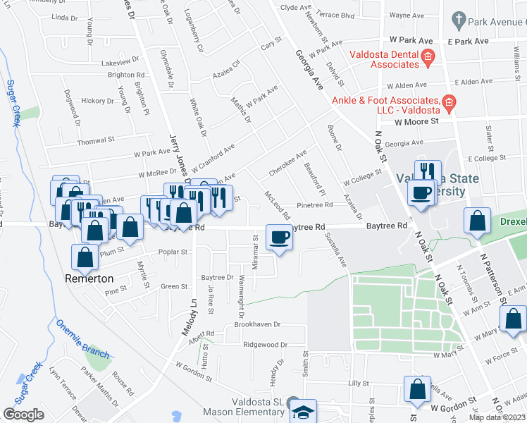 map of restaurants, bars, coffee shops, grocery stores, and more near 903 Cherokee Street in Valdosta