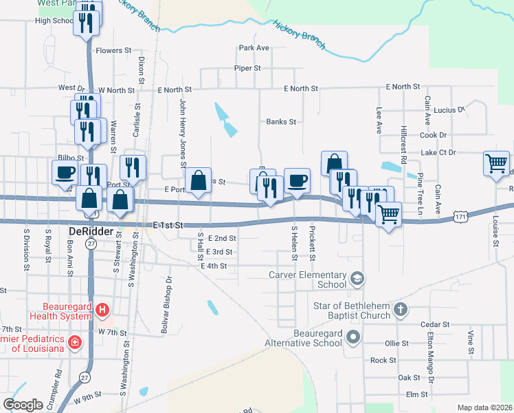 map of restaurants, bars, coffee shops, grocery stores, and more near 398 Mahlon Street in DeRidder