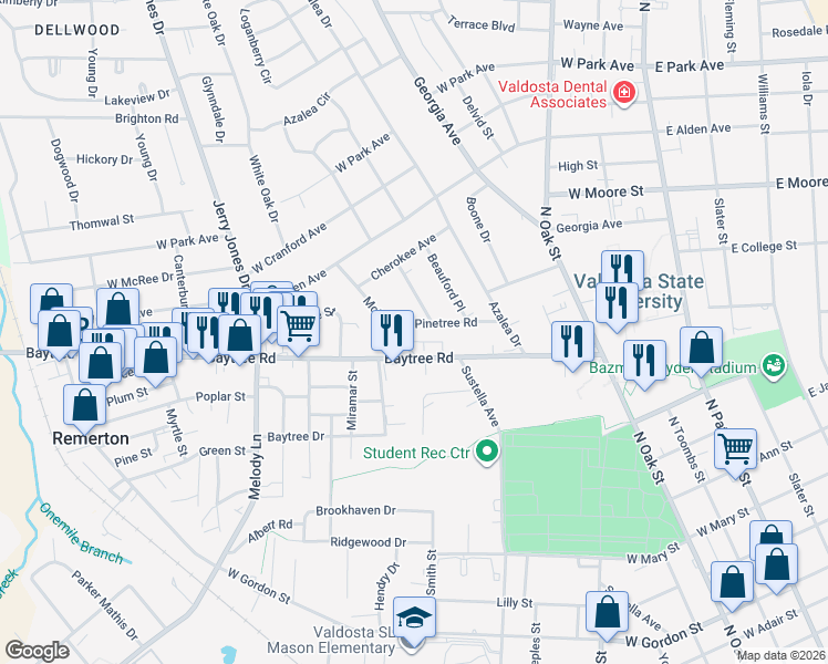 map of restaurants, bars, coffee shops, grocery stores, and more near 605 Pinetree Road in Valdosta