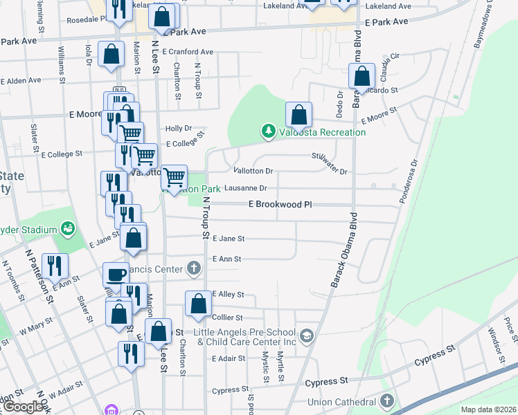 map of restaurants, bars, coffee shops, grocery stores, and more near 733 East Brookwood Place in Valdosta