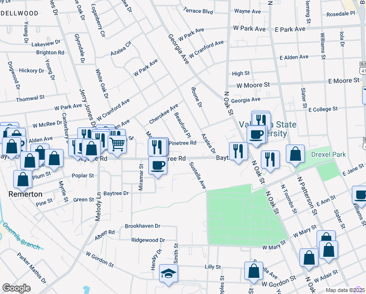 map of restaurants, bars, coffee shops, grocery stores, and more near 507 Pinetree Road in Valdosta