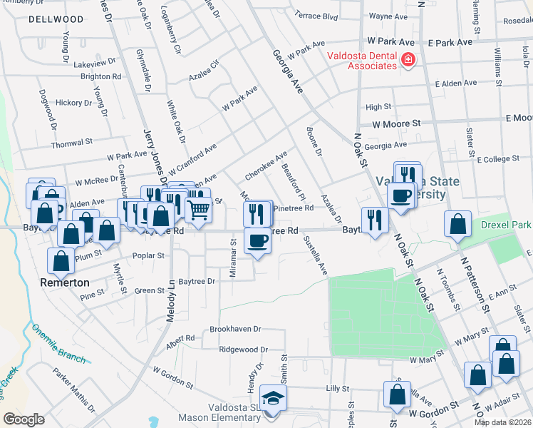 map of restaurants, bars, coffee shops, grocery stores, and more near 605 Pinetree Road in Valdosta
