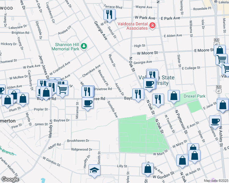 map of restaurants, bars, coffee shops, grocery stores, and more near 405 Pinetree Road in Valdosta