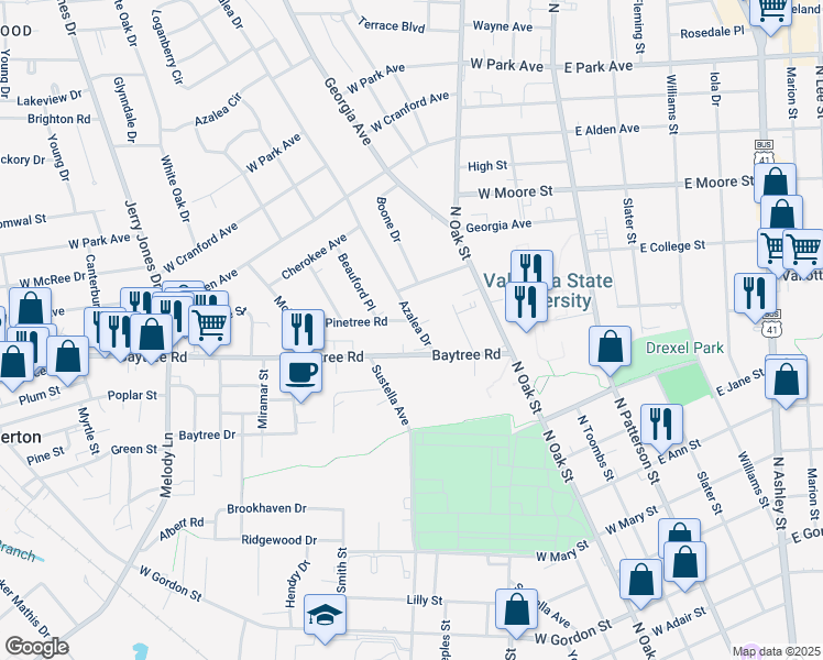 map of restaurants, bars, coffee shops, grocery stores, and more near 1504 Azalea Drive in Valdosta