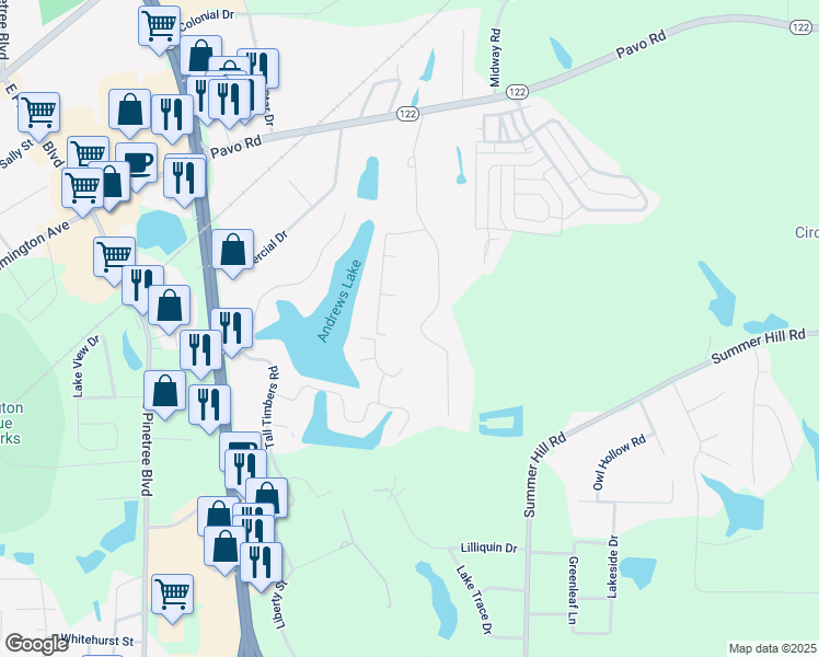 map of restaurants, bars, coffee shops, grocery stores, and more near 606 Skyline Drive in Thomasville