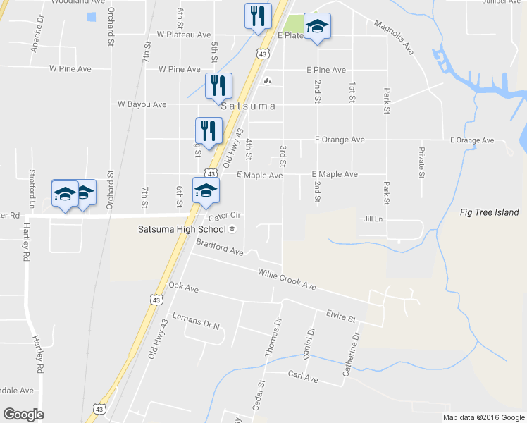 map of restaurants, bars, coffee shops, grocery stores, and more near Cedar Avenue in Satsuma