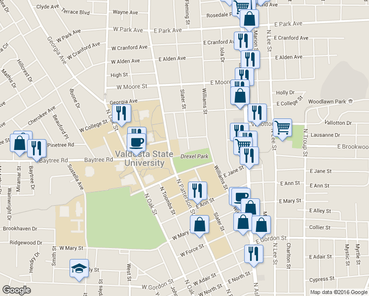 map of restaurants, bars, coffee shops, grocery stores, and more near 3 Brookwood Circle in Valdosta