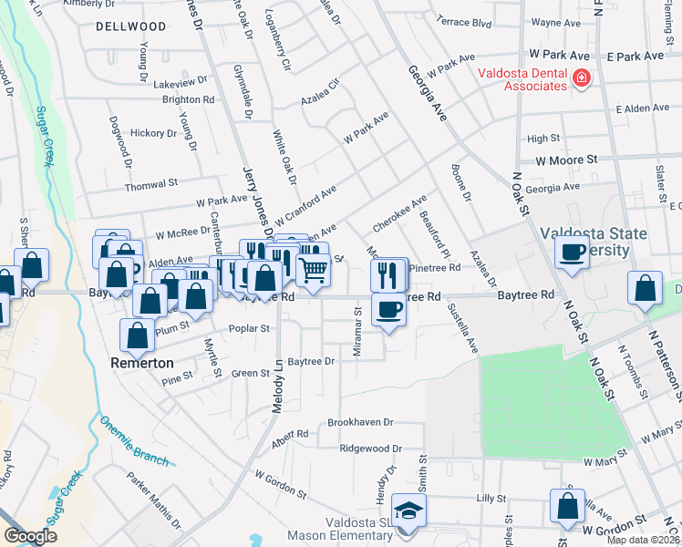 map of restaurants, bars, coffee shops, grocery stores, and more near 1508 Miramar Street in Valdosta