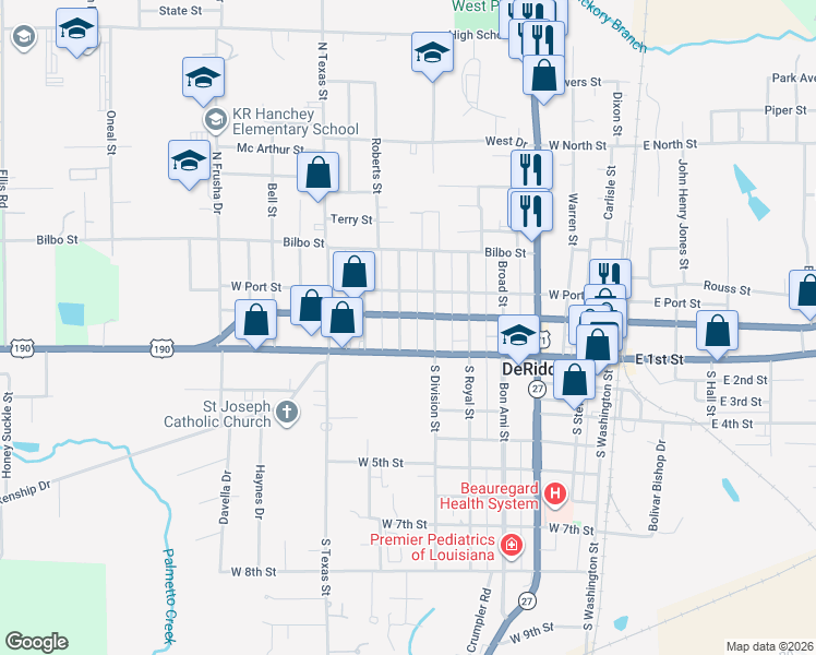 map of restaurants, bars, coffee shops, grocery stores, and more near 101-199 Persian Alley in DeRidder