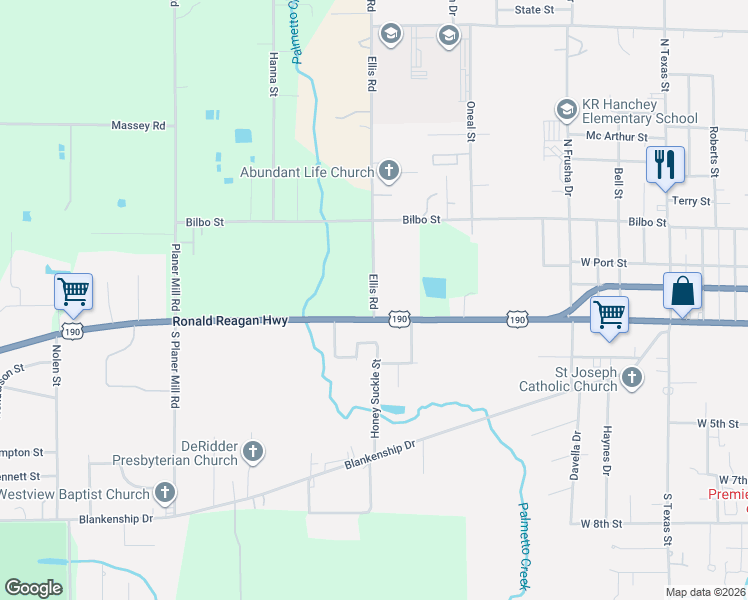 map of restaurants, bars, coffee shops, grocery stores, and more near 150 Ellis Road in DeRidder
