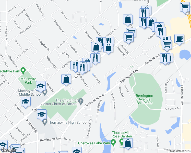 map of restaurants, bars, coffee shops, grocery stores, and more near 325 Summercreek Cove in Thomasville