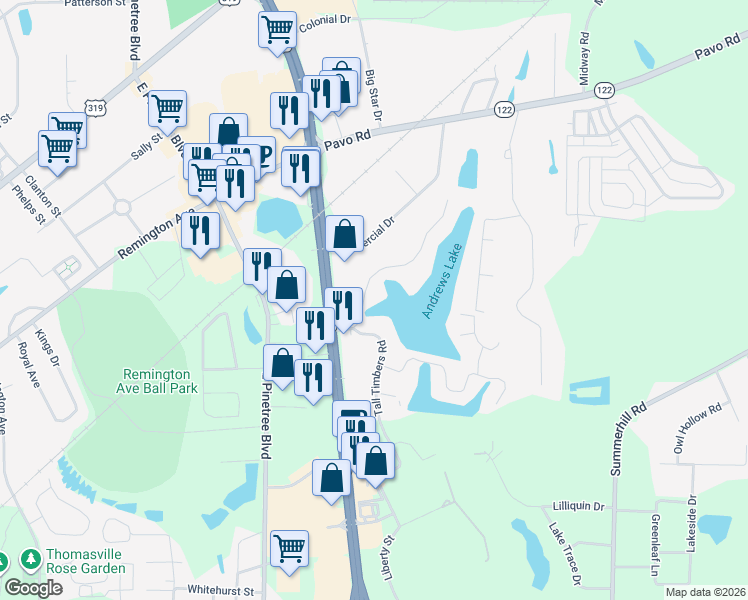 map of restaurants, bars, coffee shops, grocery stores, and more near 114 Timber Ridge Drive in Thomasville