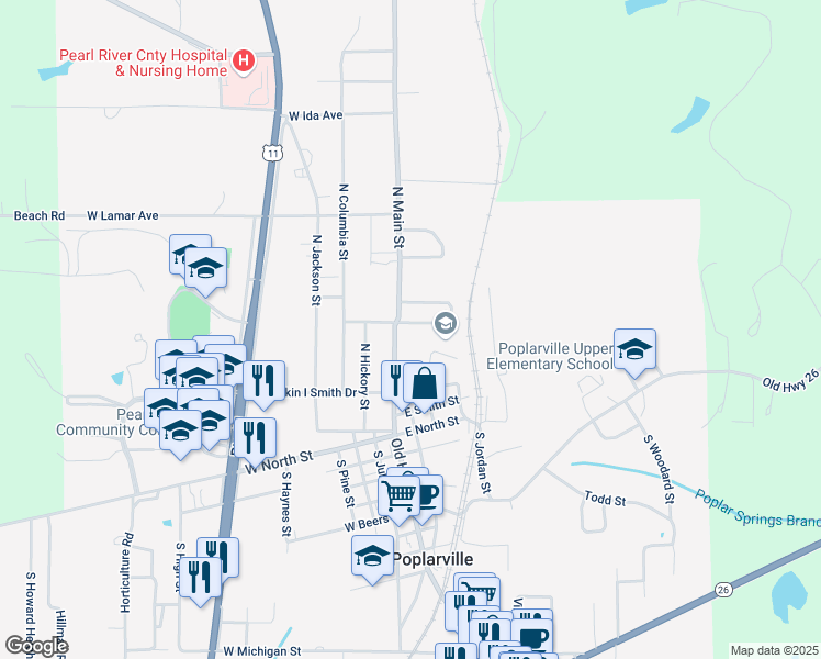 map of restaurants, bars, coffee shops, grocery stores, and more near 100 Maria Street in Poplarville