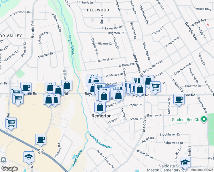 map of restaurants, bars, coffee shops, grocery stores, and more near 1807 Holly Brook Circle in Valdosta