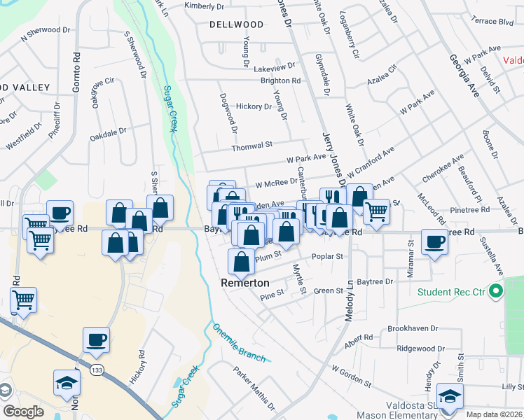 map of restaurants, bars, coffee shops, grocery stores, and more near 1219 West Alden Avenue in Valdosta