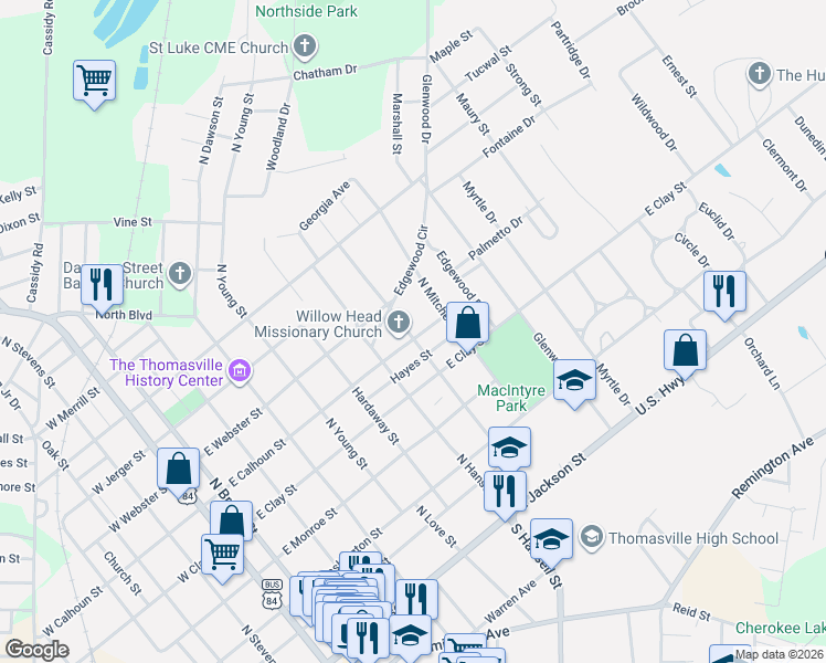 map of restaurants, bars, coffee shops, grocery stores, and more near 231 Hayes Street in Thomasville
