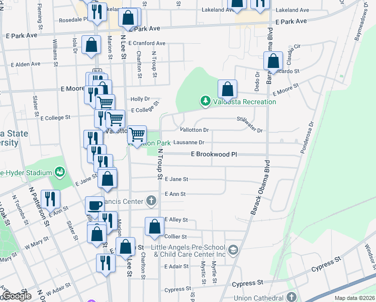 map of restaurants, bars, coffee shops, grocery stores, and more near 729 East Brookwood Place in Valdosta