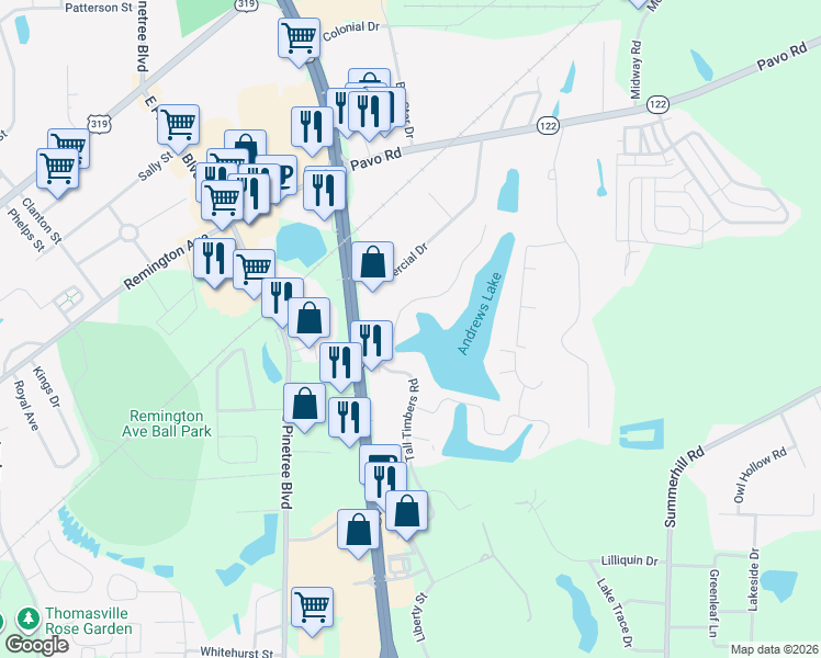map of restaurants, bars, coffee shops, grocery stores, and more near 114 Timber Ridge Drive in Thomasville