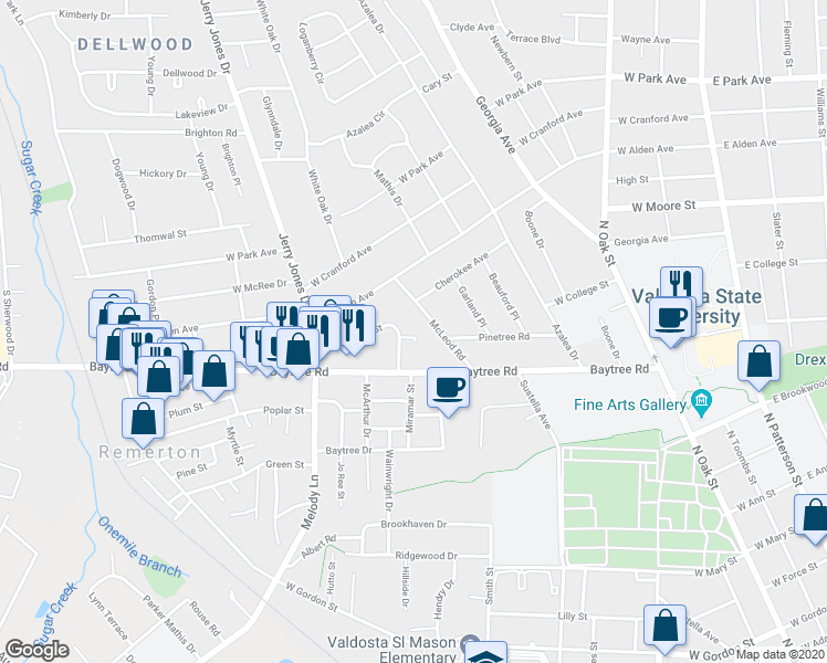 map of restaurants, bars, coffee shops, grocery stores, and more near 902 Cherokee Street in Valdosta