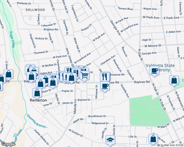 map of restaurants, bars, coffee shops, grocery stores, and more near 1508 Miramar Street in Valdosta