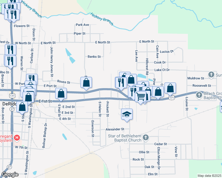 map of restaurants, bars, coffee shops, grocery stores, and more near 200 South Margaret Street in DeRidder