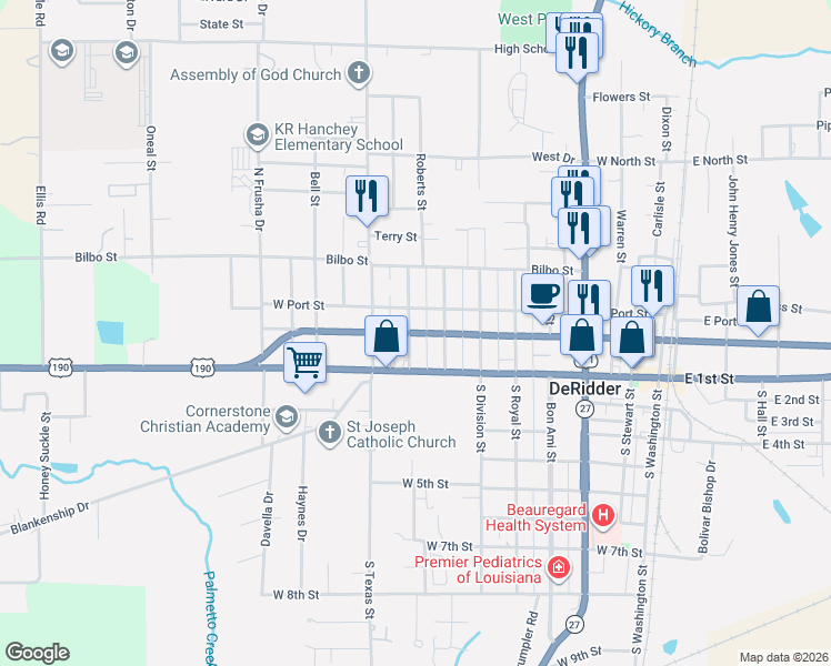 map of restaurants, bars, coffee shops, grocery stores, and more near 876 Shirley Street in DeRidder
