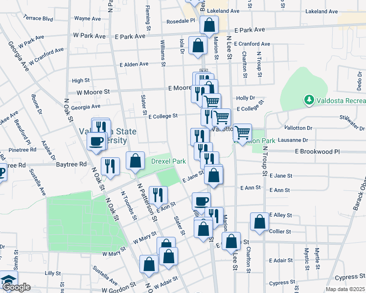 map of restaurants, bars, coffee shops, grocery stores, and more near 1407 Williams Street in Valdosta
