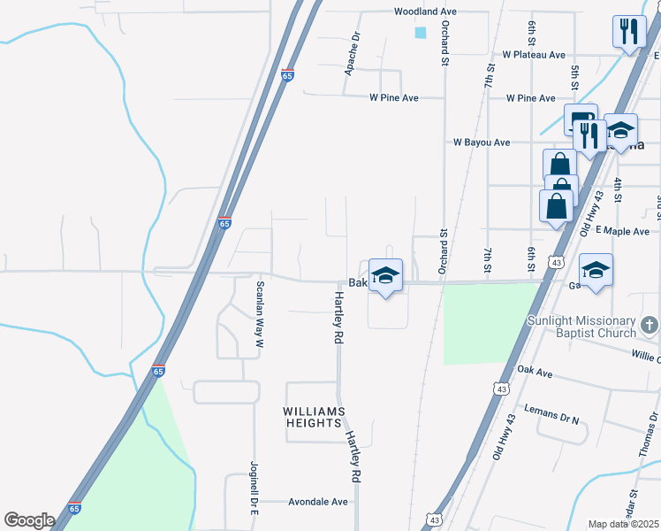 map of restaurants, bars, coffee shops, grocery stores, and more near 281 Baker Road in Satsuma