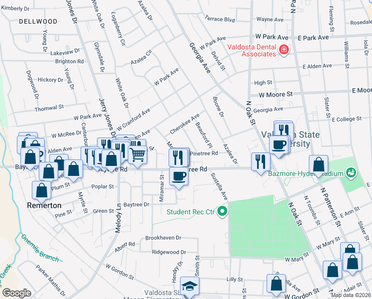 map of restaurants, bars, coffee shops, grocery stores, and more near 605 Pinetree Road in Valdosta