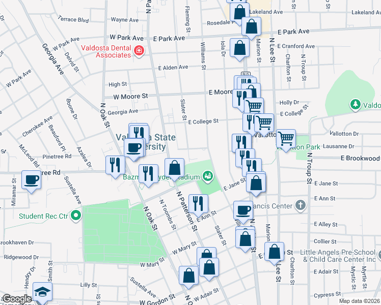 map of restaurants, bars, coffee shops, grocery stores, and more near 3 Brookwood Circle in Valdosta