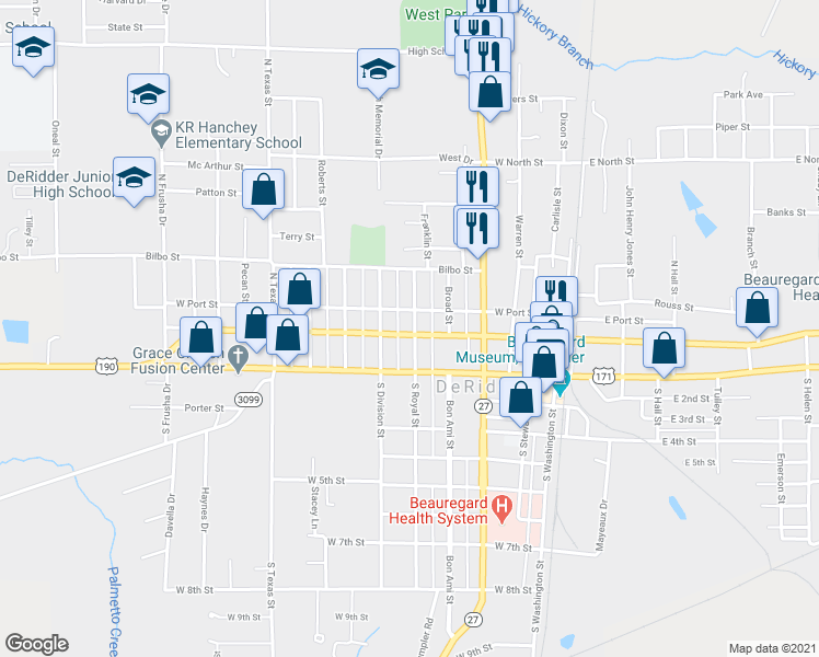 map of restaurants, bars, coffee shops, grocery stores, and more near 201 North Royal Street in DeRidder