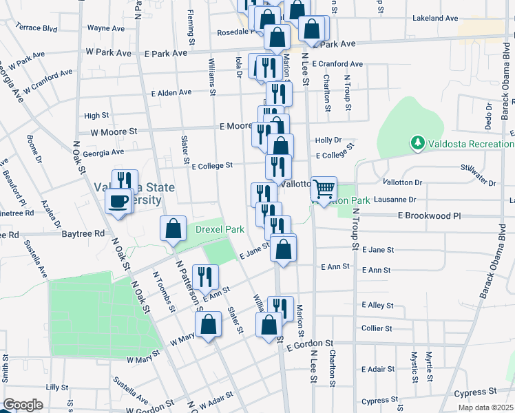 map of restaurants, bars, coffee shops, grocery stores, and more near 1504 North Ashley Street in Valdosta