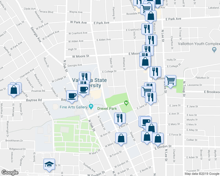 map of restaurants, bars, coffee shops, grocery stores, and more near 109 East Brookwood Place in Valdosta
