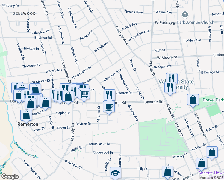 map of restaurants, bars, coffee shops, grocery stores, and more near 604 Pine Tree Road in Valdosta