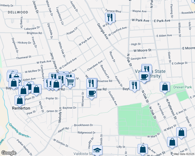 map of restaurants, bars, coffee shops, grocery stores, and more near 1610 Garland Place in Valdosta