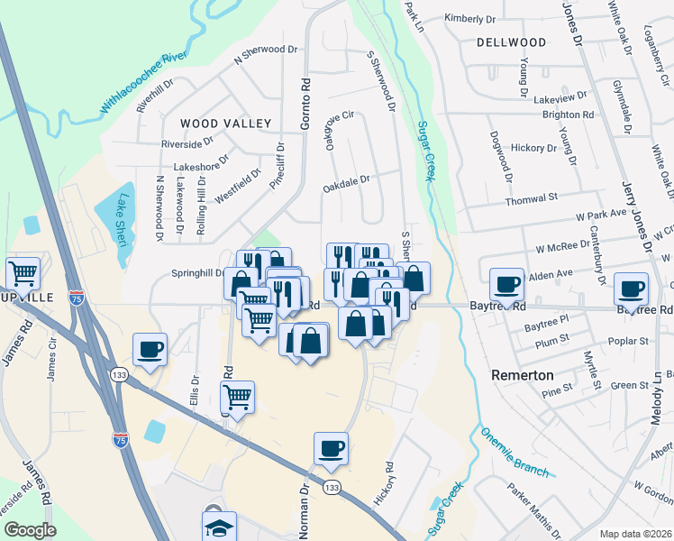map of restaurants, bars, coffee shops, grocery stores, and more near 2008 Oakdale Drive in Valdosta