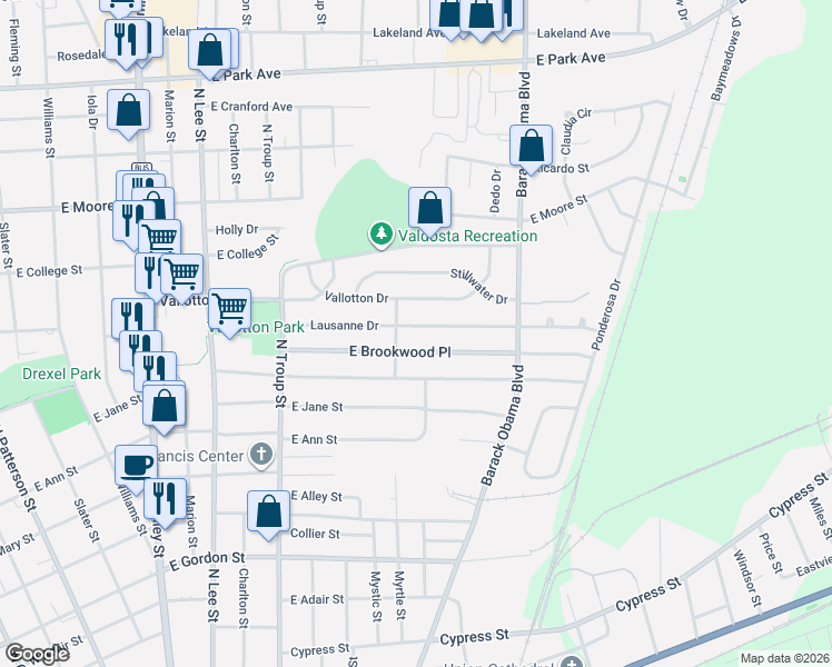 map of restaurants, bars, coffee shops, grocery stores, and more near 800 Lausanne Drive in Valdosta
